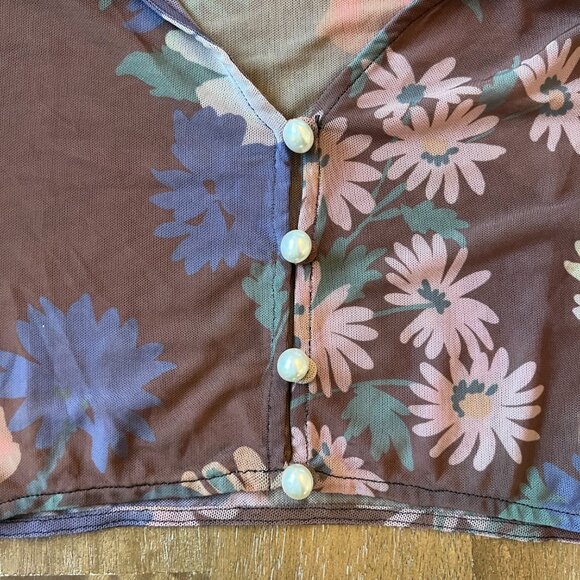 STAUD nylon floral cropped top with bell sleeve and pearl button detail - size s - Picture 3 of 7